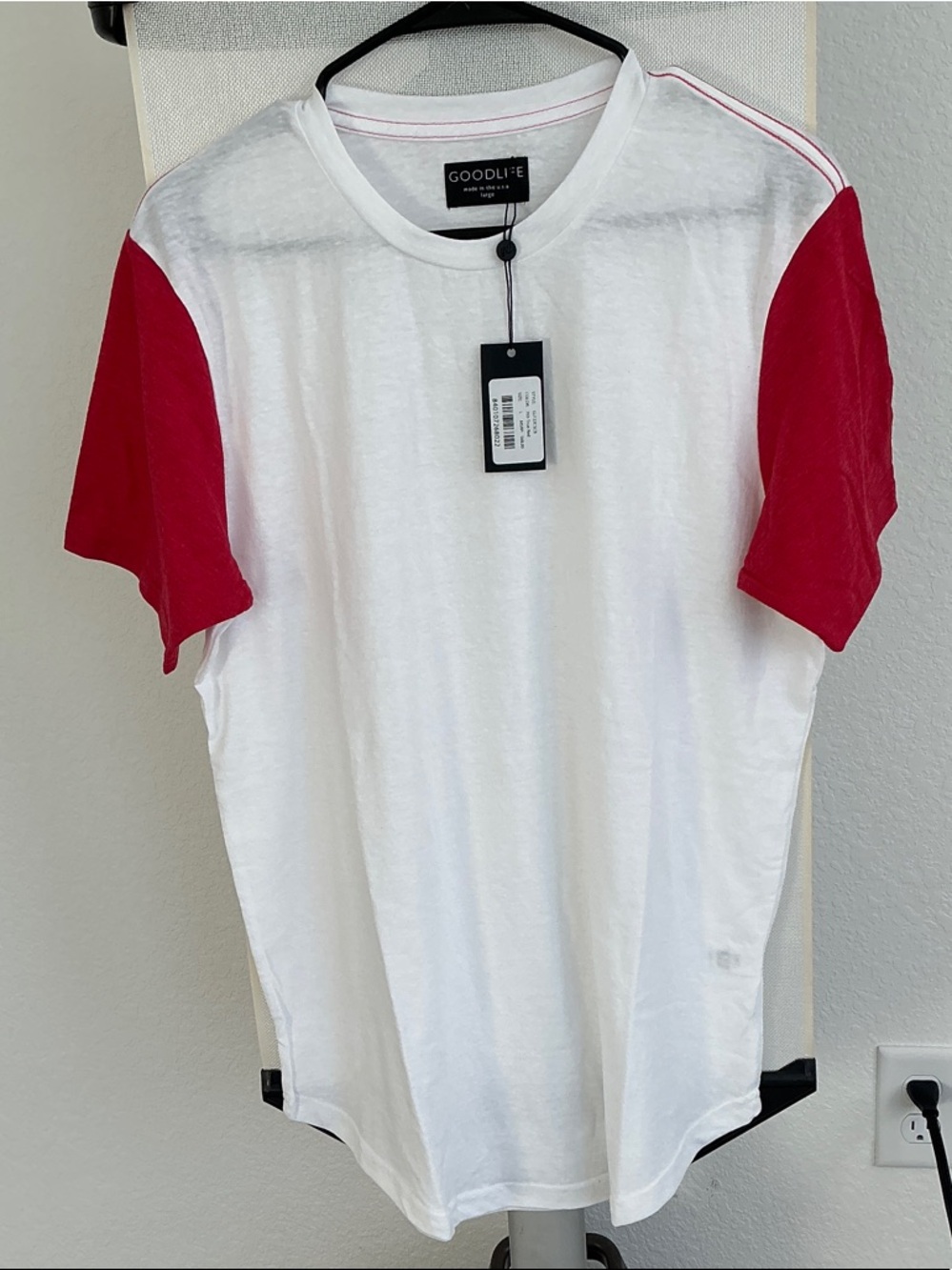 Goodlife White Tee with Red Raglan Short Sleeves